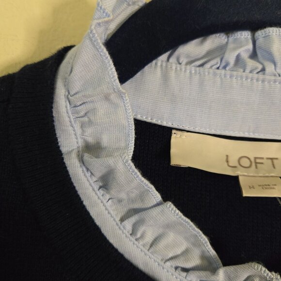 Loft 2024 Navy Gold Button Pale Blue Ruffle Collar Lady Cardigan Sweater Size - Picture 6 of 9